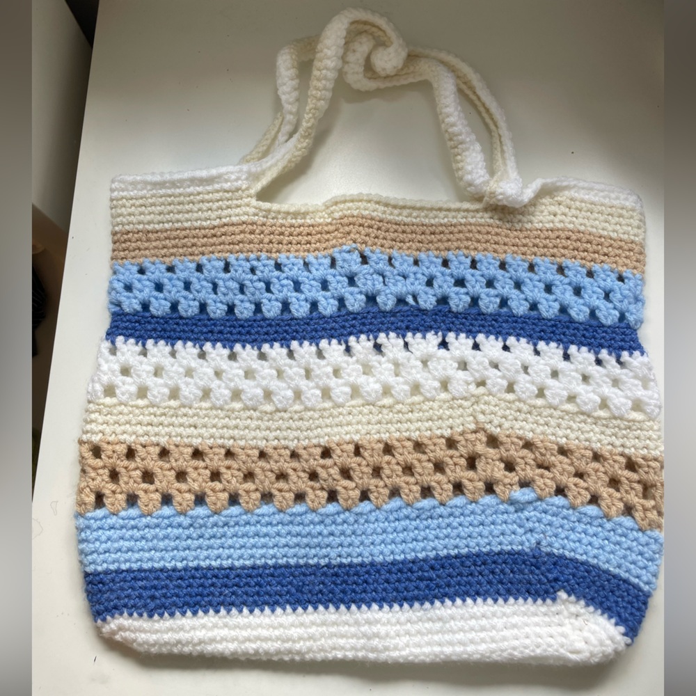 Striped Nautical Crochet Tote Bag - Blue, White, Tan, Cream